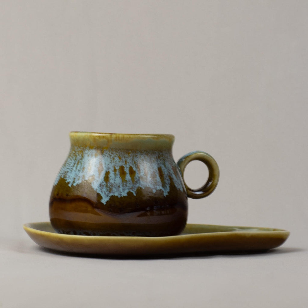 Brown & Aqua Drip Glaze Tea Cup and Saucer
