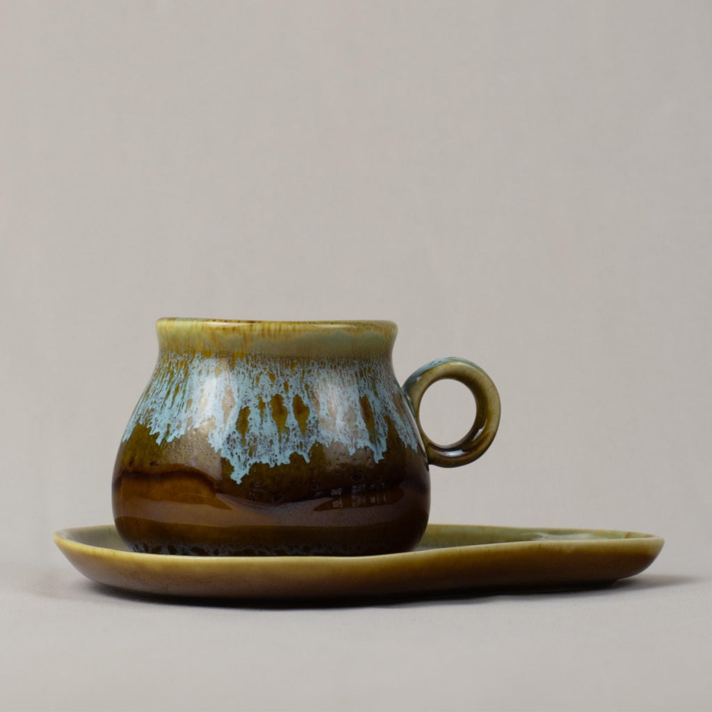 Brown & Aqua Drip Glaze Tea Cup and Saucer