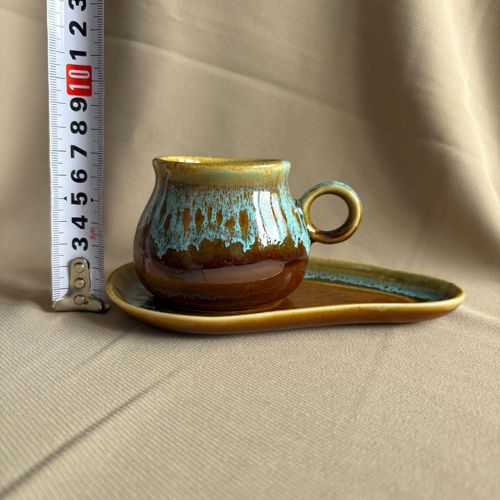 Brown & Aqua Drip Glaze Tea Cup and Saucer