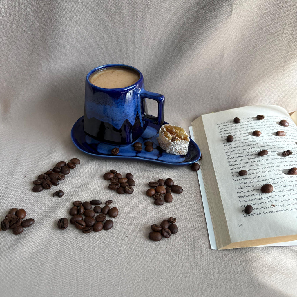 Midnight Blue Drip Glaze Stoneware Cup and Saucer Set