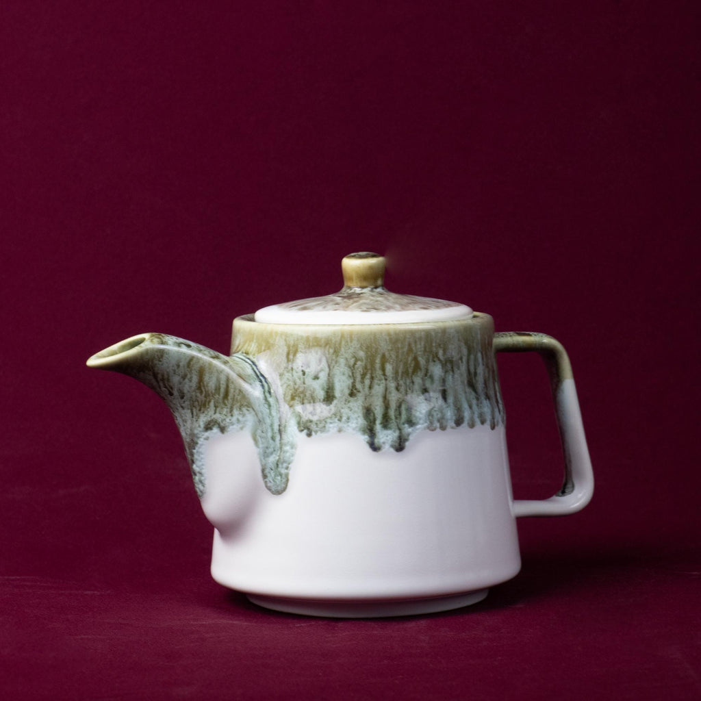 White Grey and Green Drip Glaze Stoneware Teapot