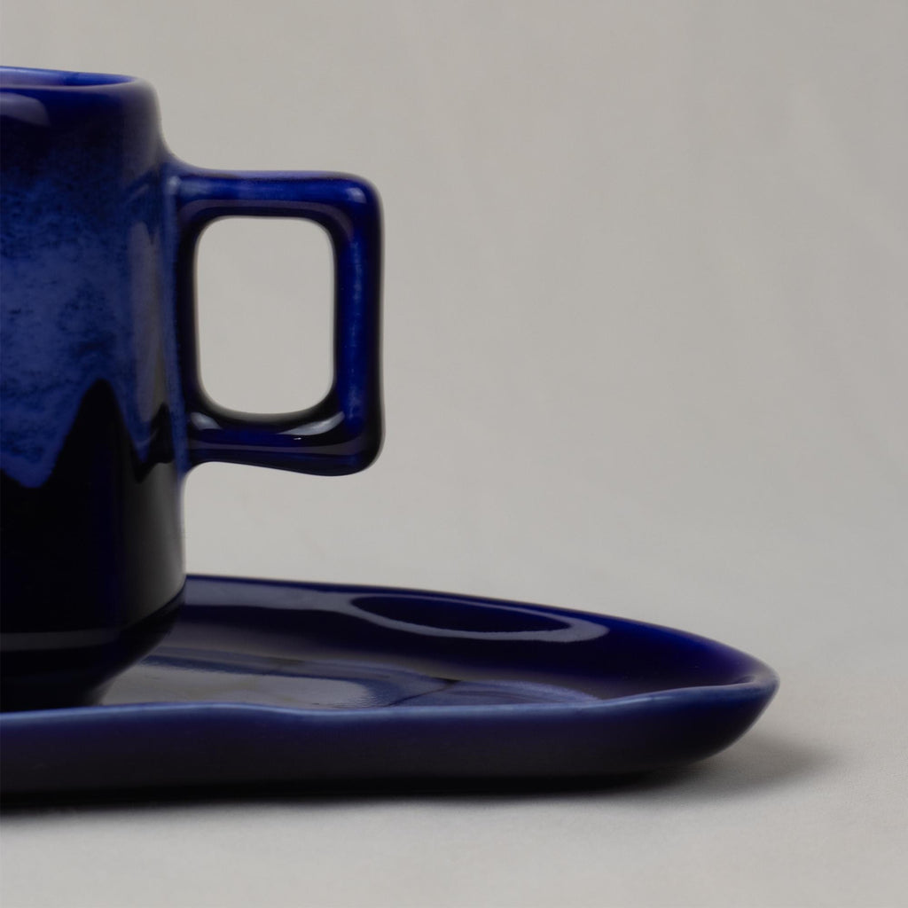 Midnight Blue Drip Glaze Stoneware Cup and Saucer Set