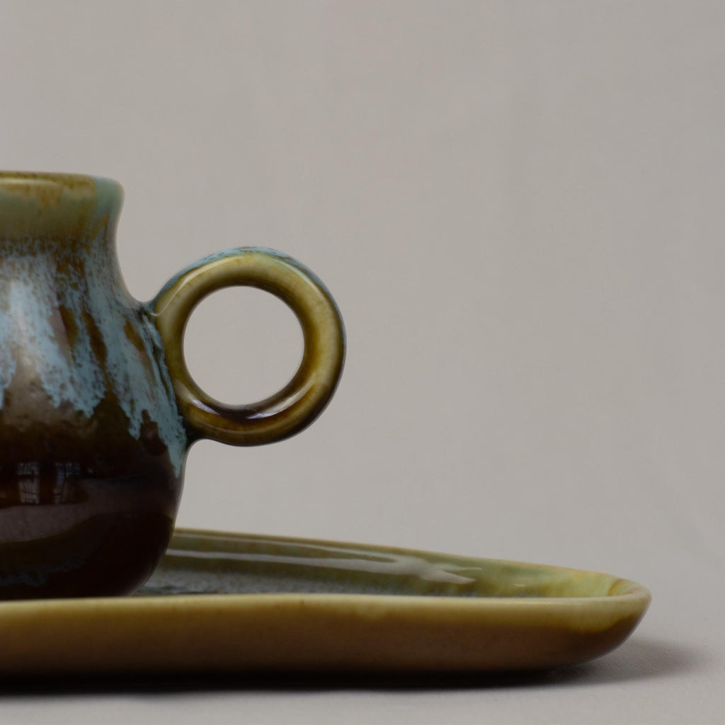 Brown & Aqua Drip Glaze Tea Cup and Saucer