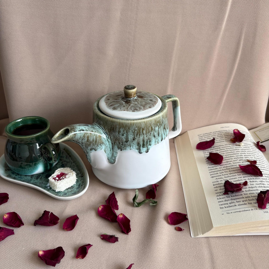 White Grey and Green Drip Glaze Stoneware Teapot
