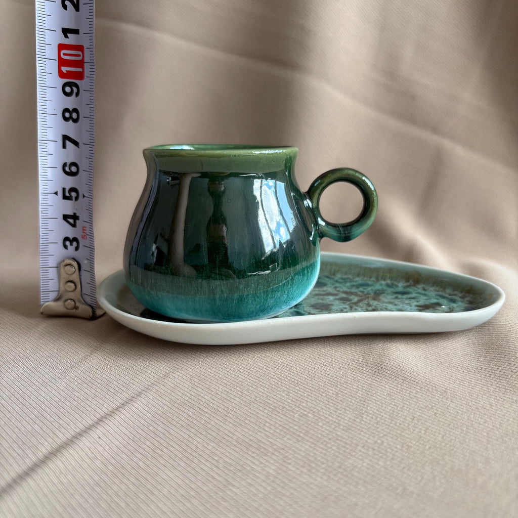 Dark Green Drip Glaze Tea Cup and Saucer