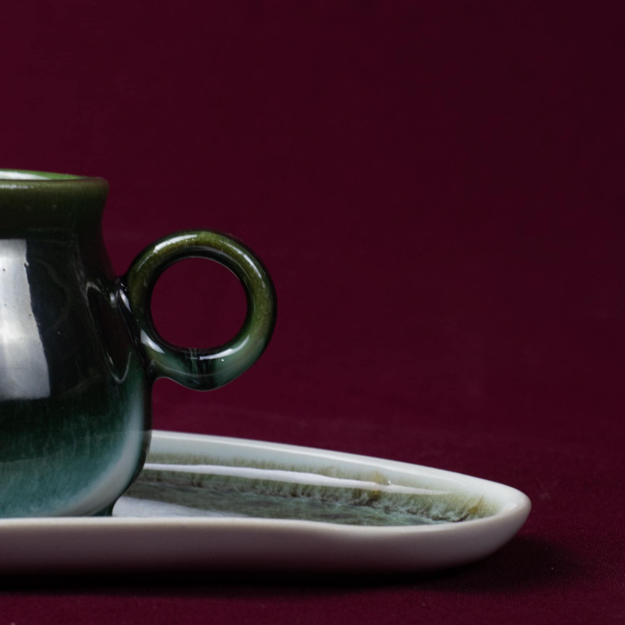 Dark Green Drip Glaze Tea Cup and Saucer