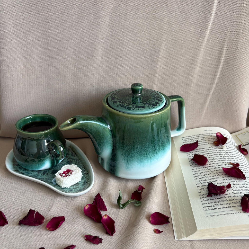 Dark Green Drip Glaze Stoneware Teapot