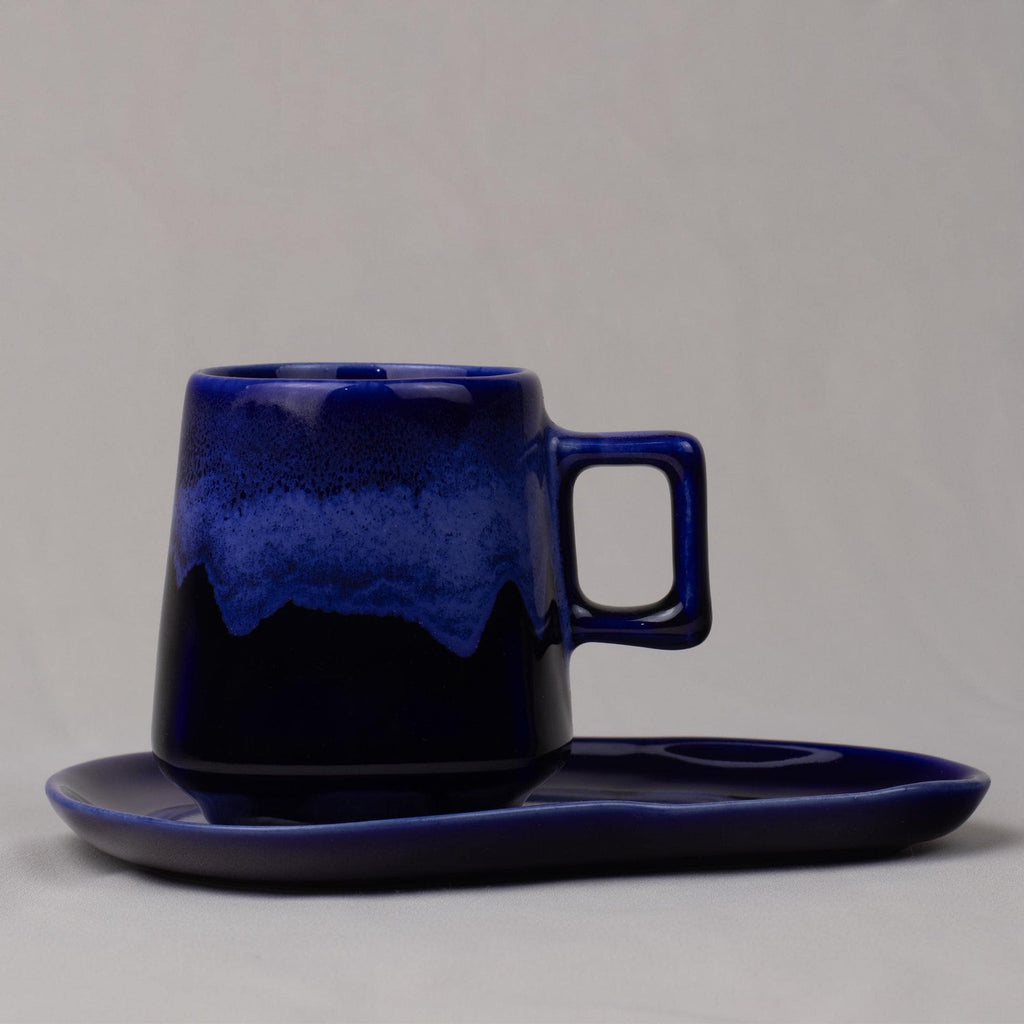 Midnight Blue Drip Glaze Stoneware Cup and Saucer Set