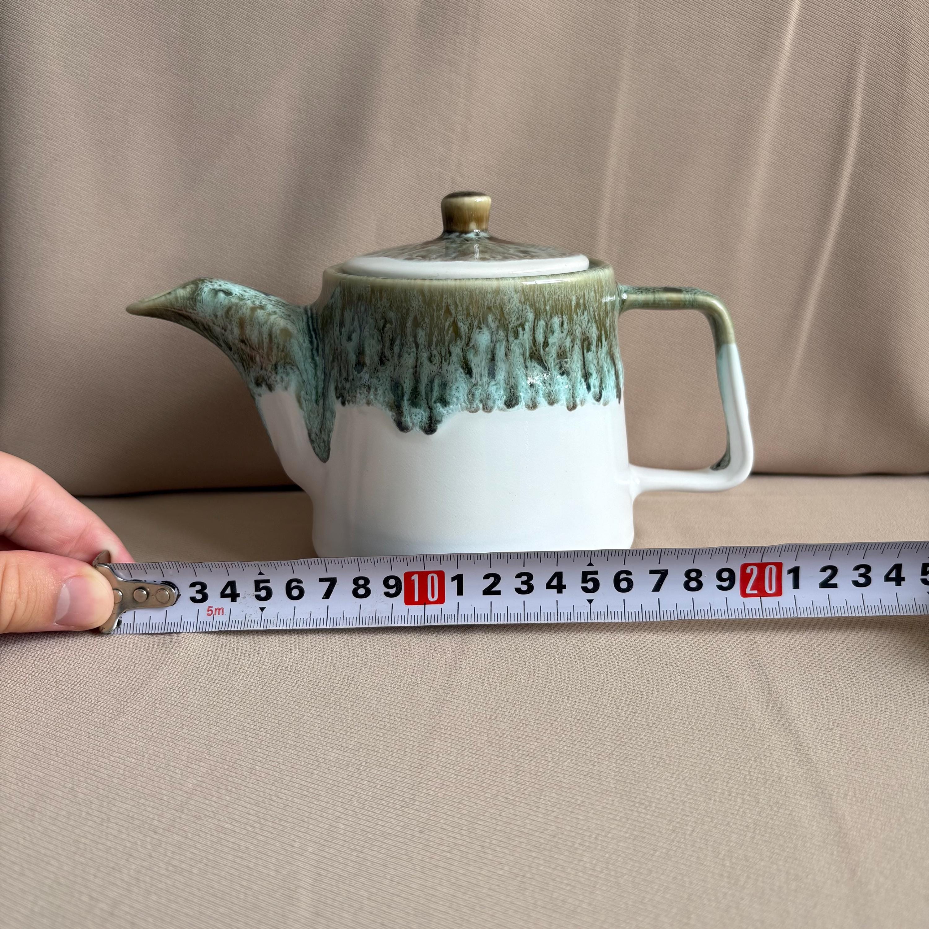 White Grey and Green Drip Glaze Stoneware Teapot