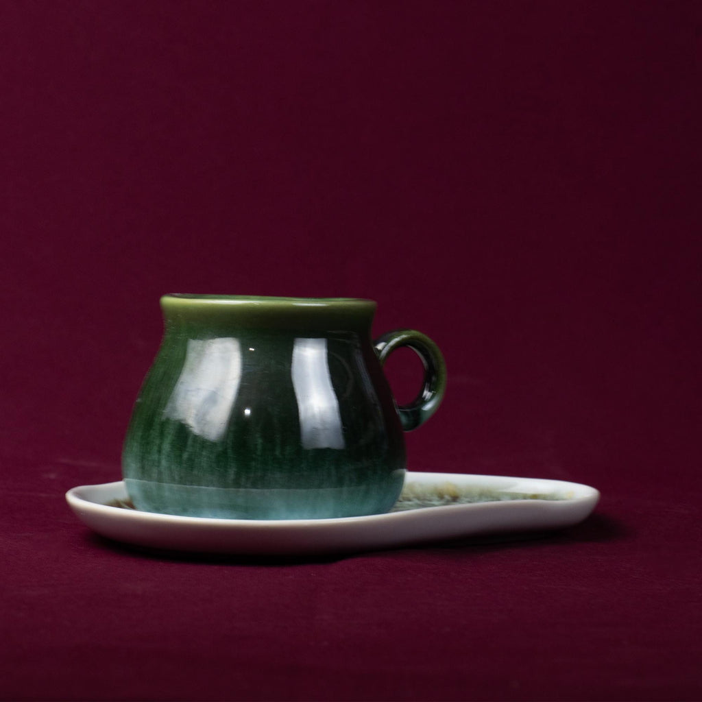 Dark Green Drip Glaze Tea Cup and Saucer