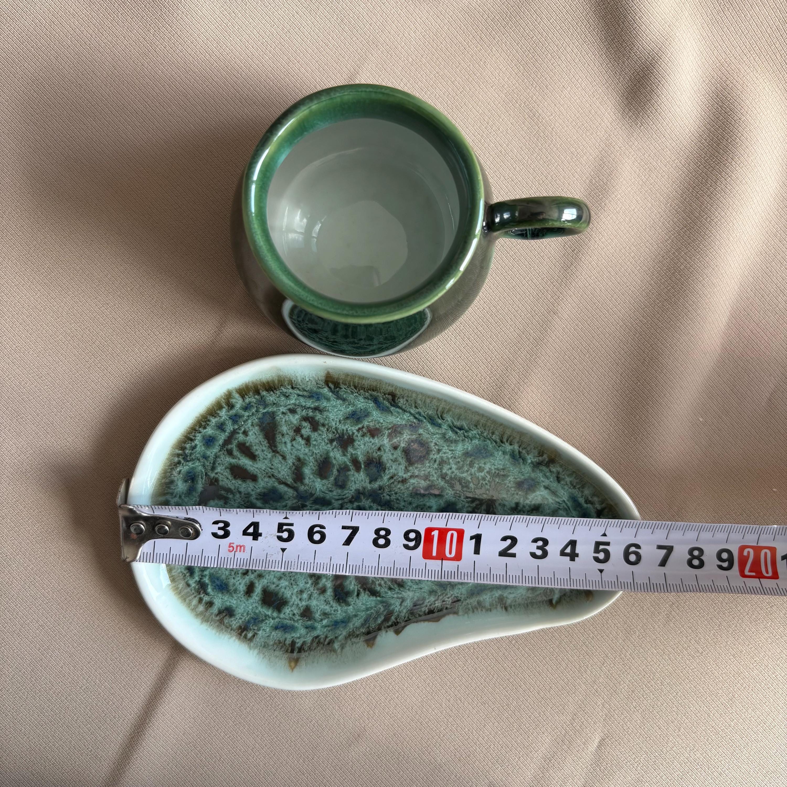 Dark Green Drip Glaze Tea Cup and Saucer
