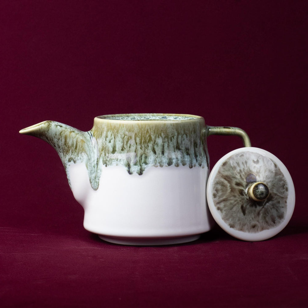 White Grey and Green Drip Glaze Stoneware Teapot
