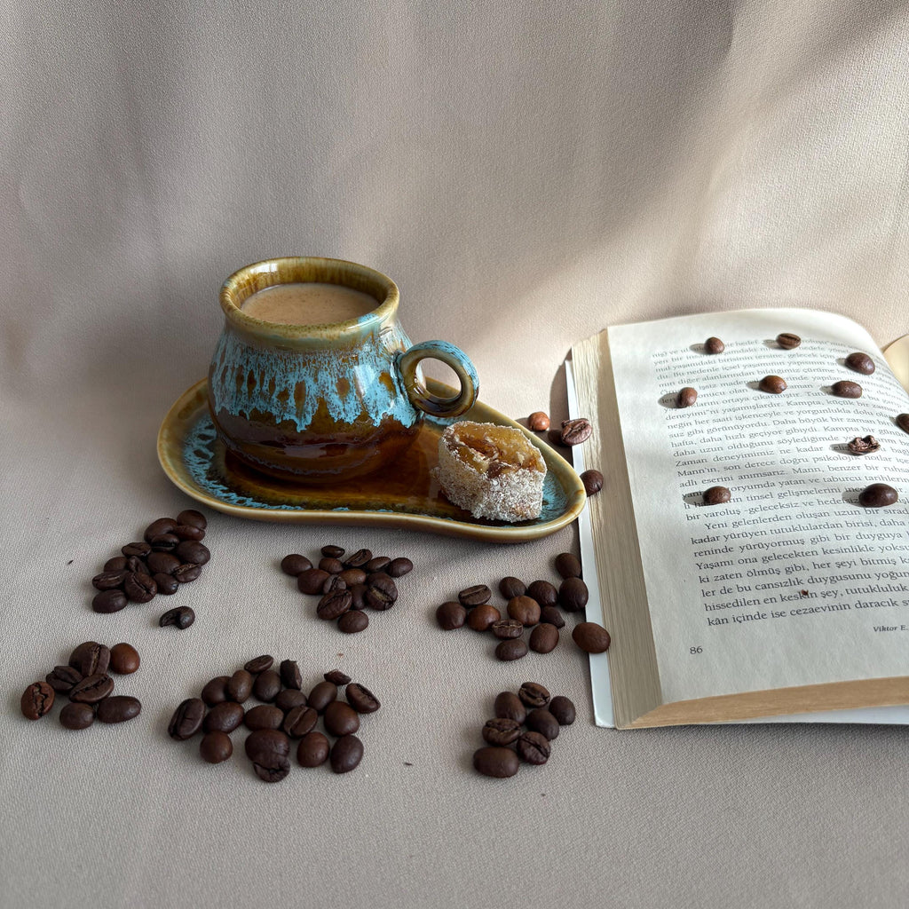 Brown & Aqua Drip Glaze Tea Cup and Saucer