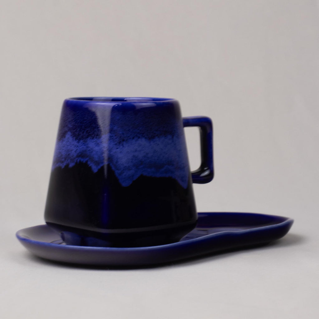 Midnight Blue Drip Glaze Stoneware Cup and Saucer Set