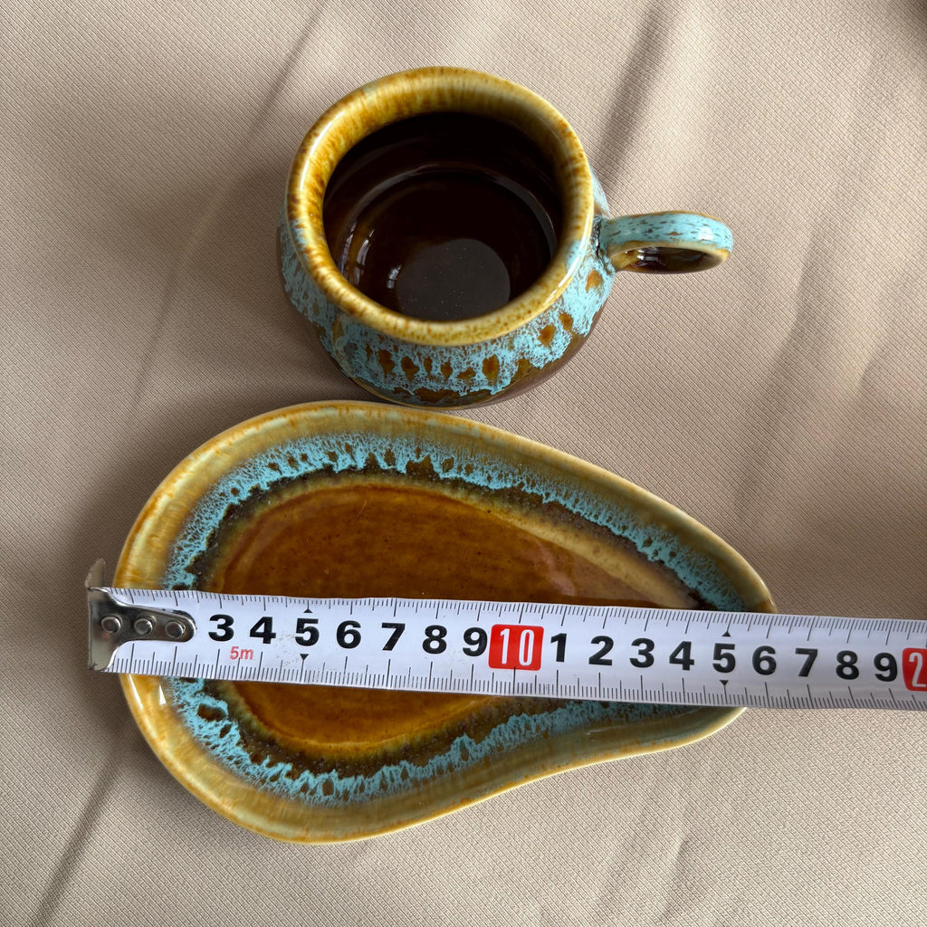 Brown & Aqua Drip Glaze Tea Cup and Saucer