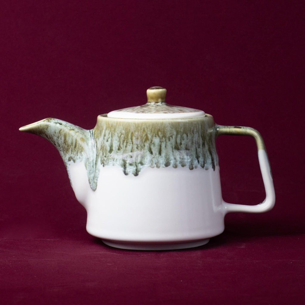 White Grey and Green Drip Glaze Stoneware Teapot