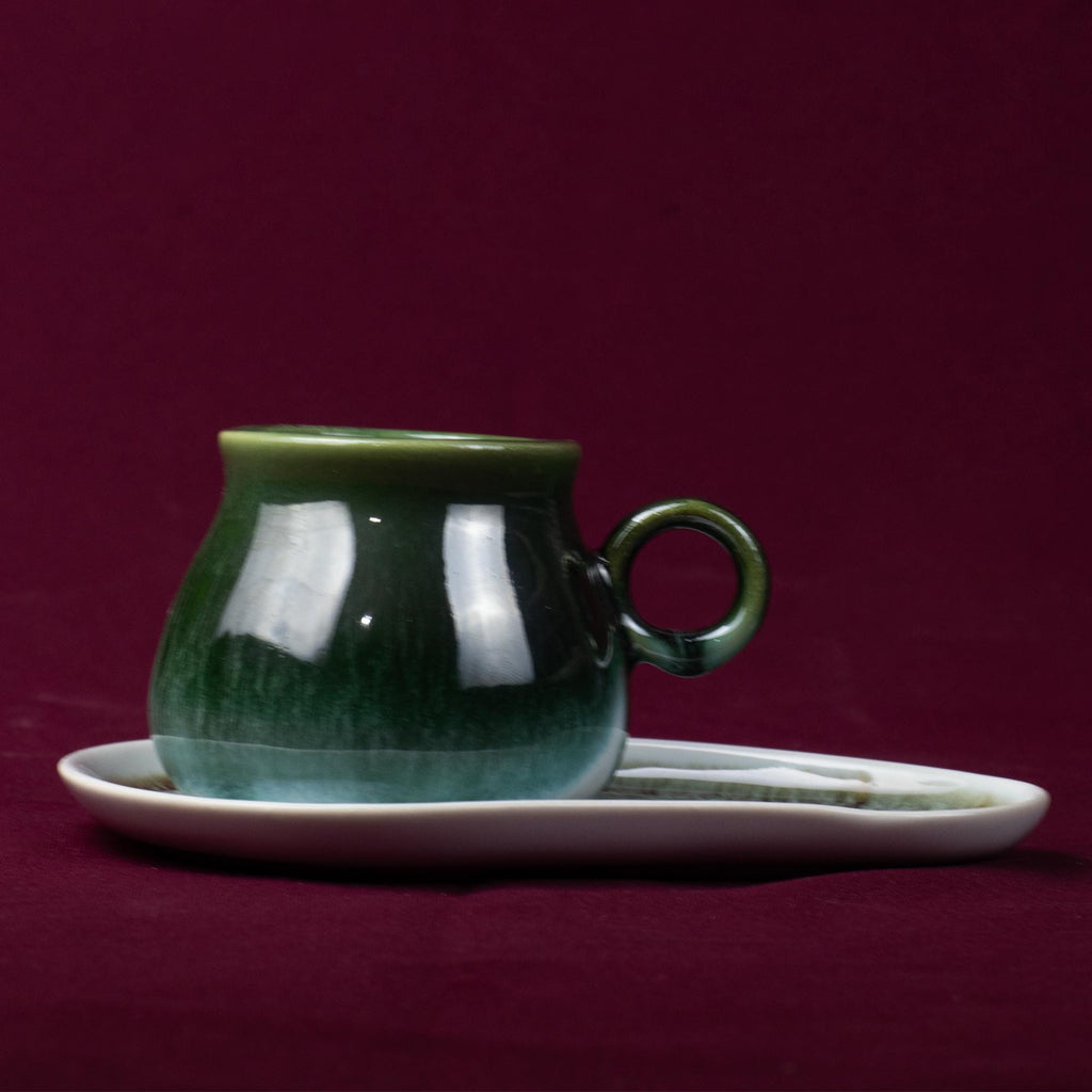 Dark Green Drip Glaze Tea Cup and Saucer