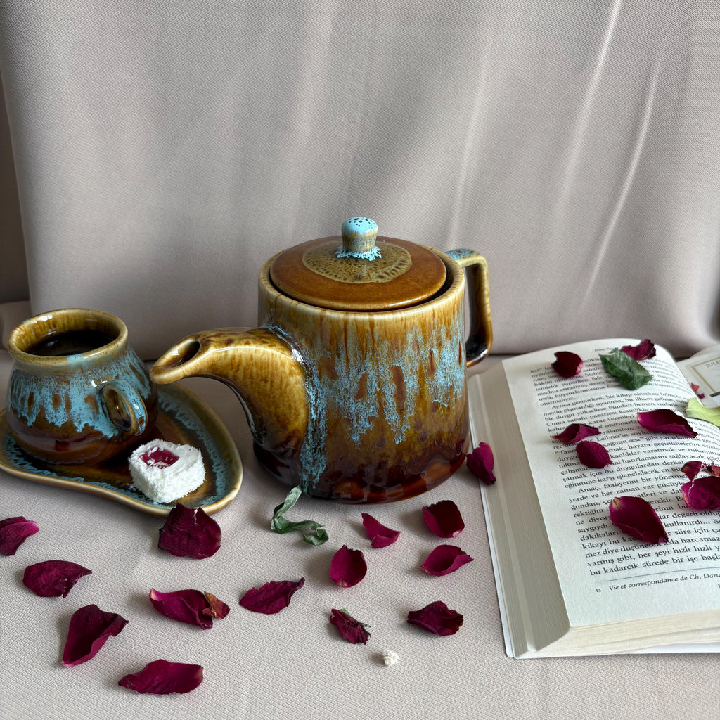 Rustic Brown & Aqua Drip Glaze Stoneware Teapot